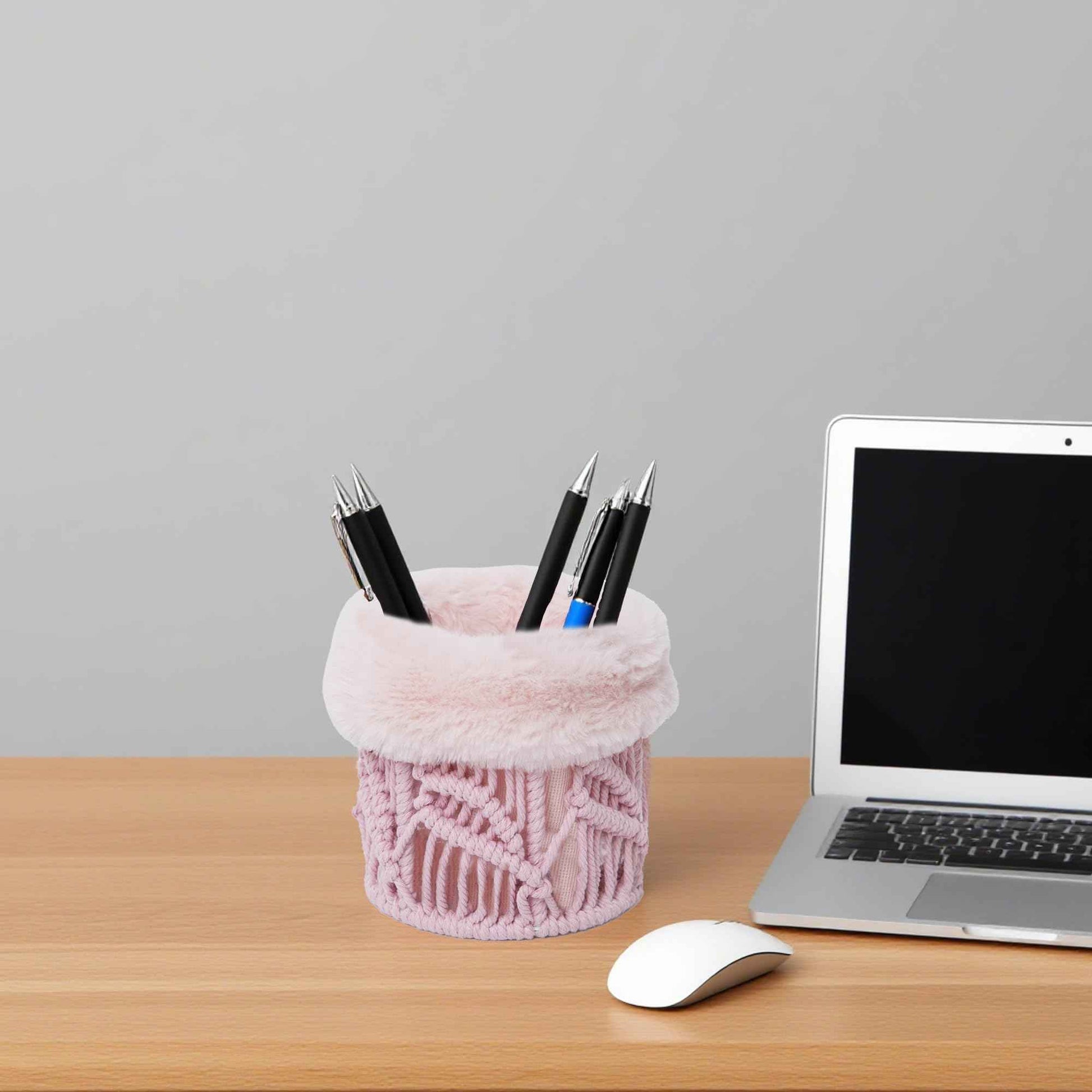 QIANWEIWOVEN Handmade Cotton rope makeup bucket organizer with removable plush lining,Cosmetic organizer (Pink)