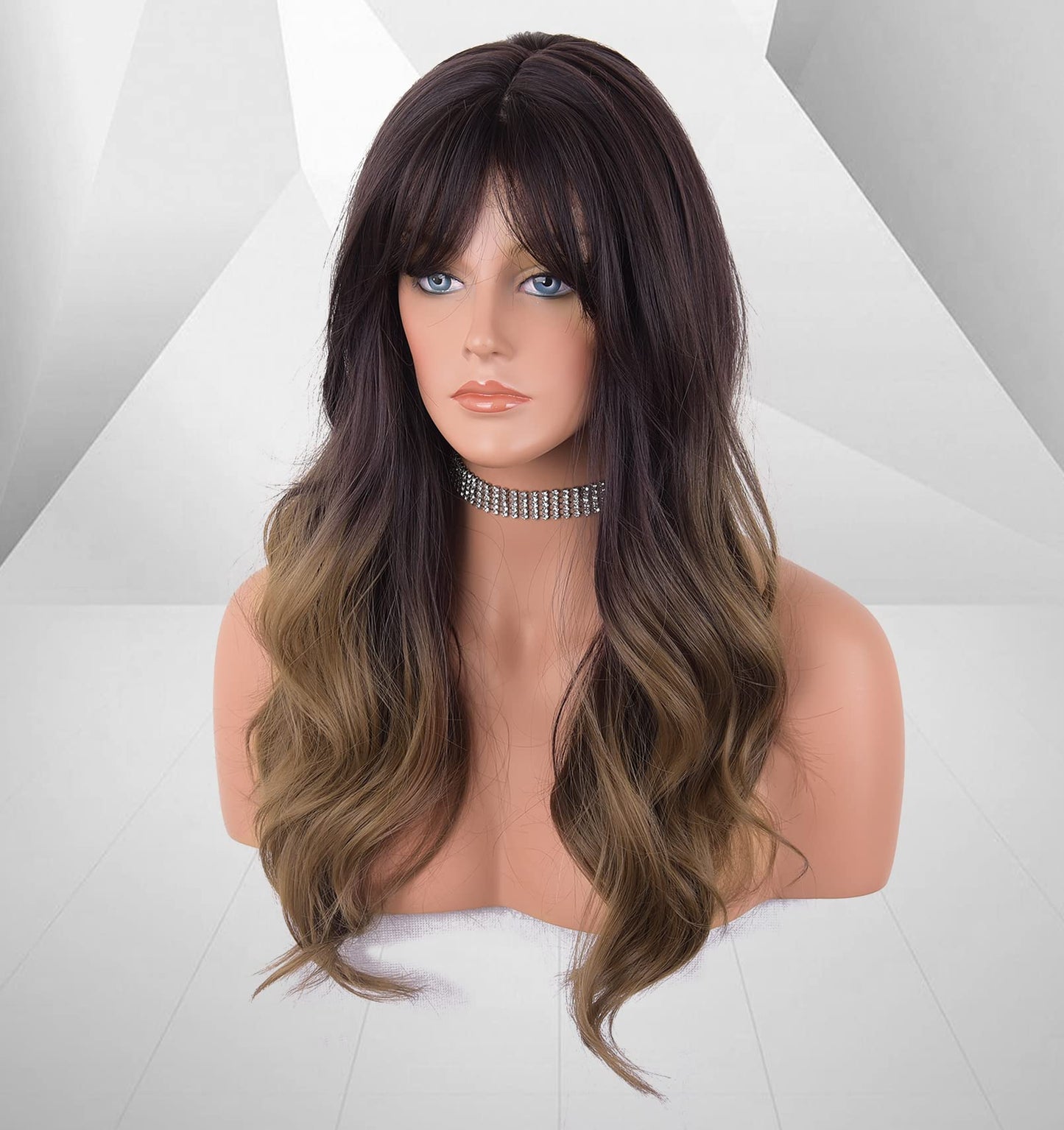 LANOVA Ombre Brown Wig with Bangs, Synthetic Wigs Brown Hair Wavy Wig, Glueless Afro Wig 22 inch LANOVA-180