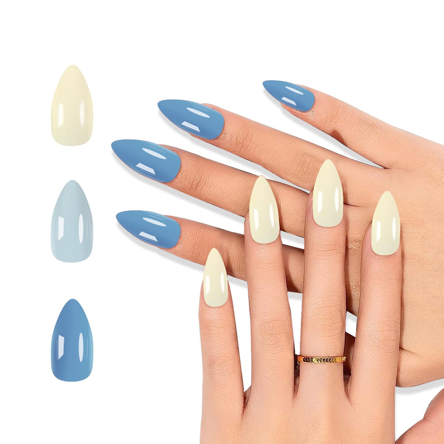 Color Changing Press on Nails Sun Actived Stiletto Tips Beige To Blue With Ultraviolet Light Pure Mood Change Fake Nails 24pcs