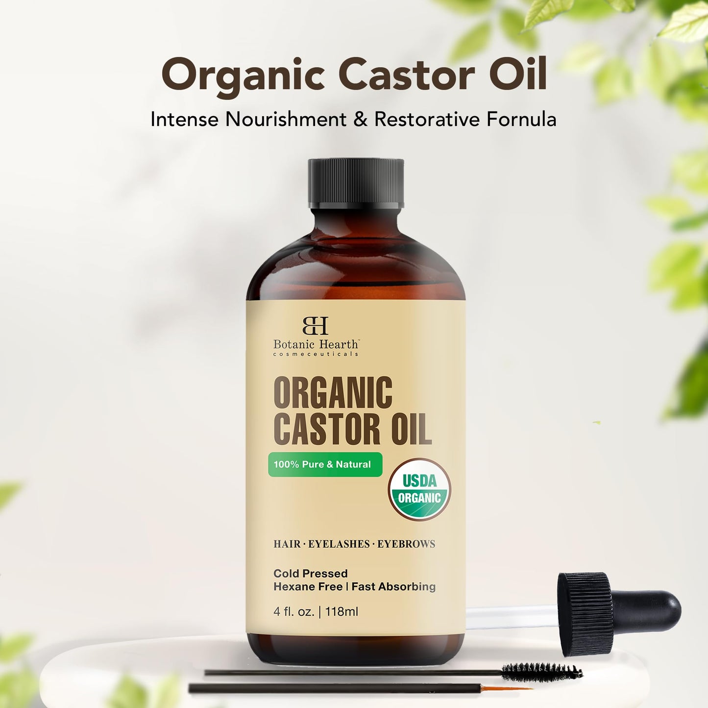 Botanic Hearth Castor Oil | USDA Certified Organic |100% Pure & Hexane Free | Cold Pressed | Growth for Eyelashes, Eyebrows, Hair | With Eyebrow & Eyelash Brush | 4fl oz