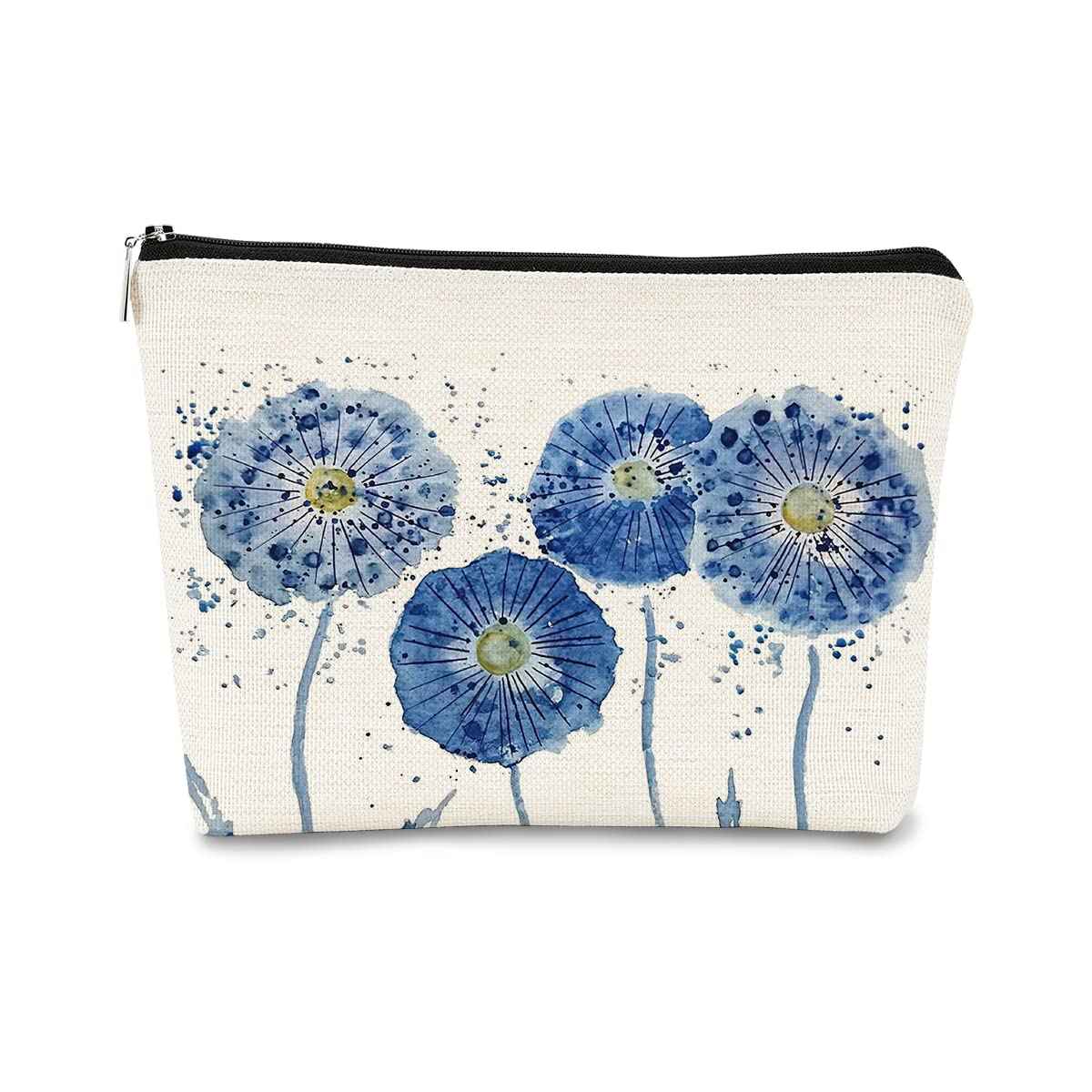 Watercolor Blue Flowers Makeup Bag,Spring Summer Flower Cosmetic Bag Best Gift Idea for Teen Girls Women,Birthday Christmas Gifts for Girls Women Daughter Sister