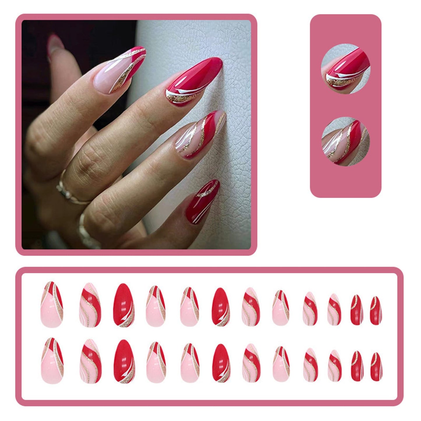 24Pcs Almond Press on Nails Medium Fake Nails Full Cover Wine Red French Tips with Gold Line Designs Artificial Acrylic Reusable Glossy False Nails Glue on Nails Stick on Nails for Women Girls