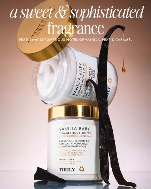 Truly Beauty Vanilla Baby Shimmer Body Butter | Smoothing & Firming Body Moisturizer with Bakuchiol & Niacinamide | Softens, Plumps & Illuminates Skin | Pearlescent Glow & Sweet Vanilla Scent