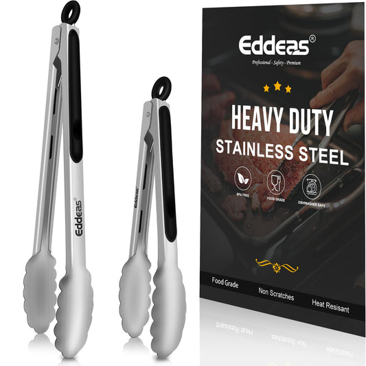 Eddeas Kitchen Tongs - 9" and 12" Tongs for cooking, Heat Resistant 600 Degrees Stainless Steel Metal Tong and Non-Slip Handle - Perfect for Cooking, Salad and BBQ, Set of 2