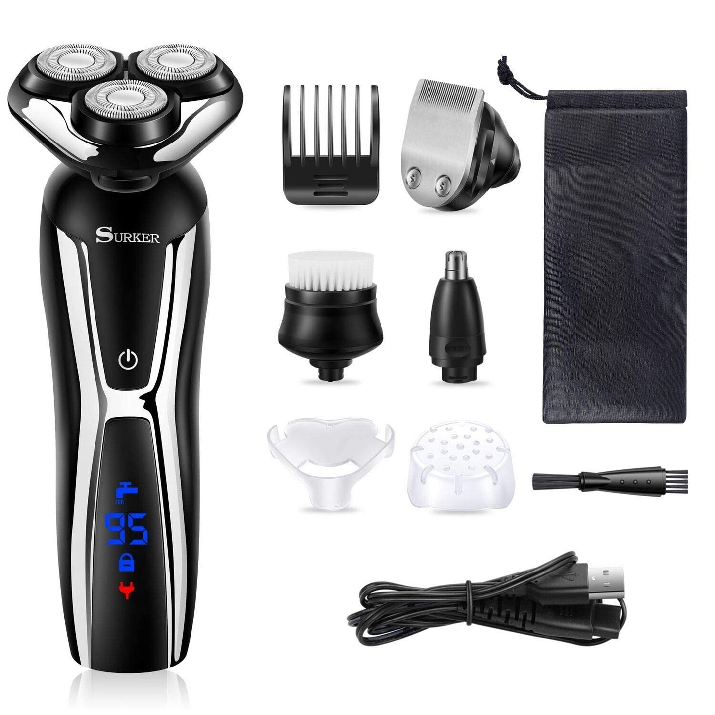 SURKER Electric Shaver Razor Cordless Beard Trimmer for Men Nose Hair Trimmer 3 in 1 Trimmer Grooming Kit Plus 1 Facial Cleansing Brush Waterproof USB Rechargeable Dry Wet