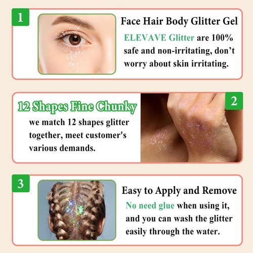 Body Glitter Face Glitter, Hair Glitter for Kids, 12 Shapes Fine Chunky Glitter Gel for Women Girls Makeup Sparkles Party Mermaid Sequins Rave Accessories Singer Concerts Festival (Purple Scheme)