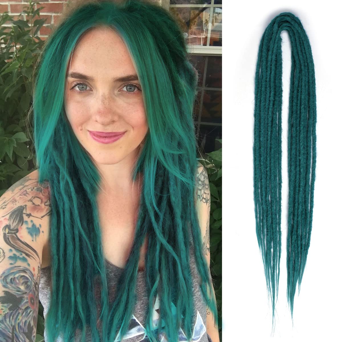 Sangtok 15 pcs Double Ended Dreadlock Extensions, 24 inch Teal Green Dreads Extensions Thin 0.6cm Fake Dreadlocks, DE Synthetic Dreadlock Extensions Reggae Hippie Ombre Dreads for Women