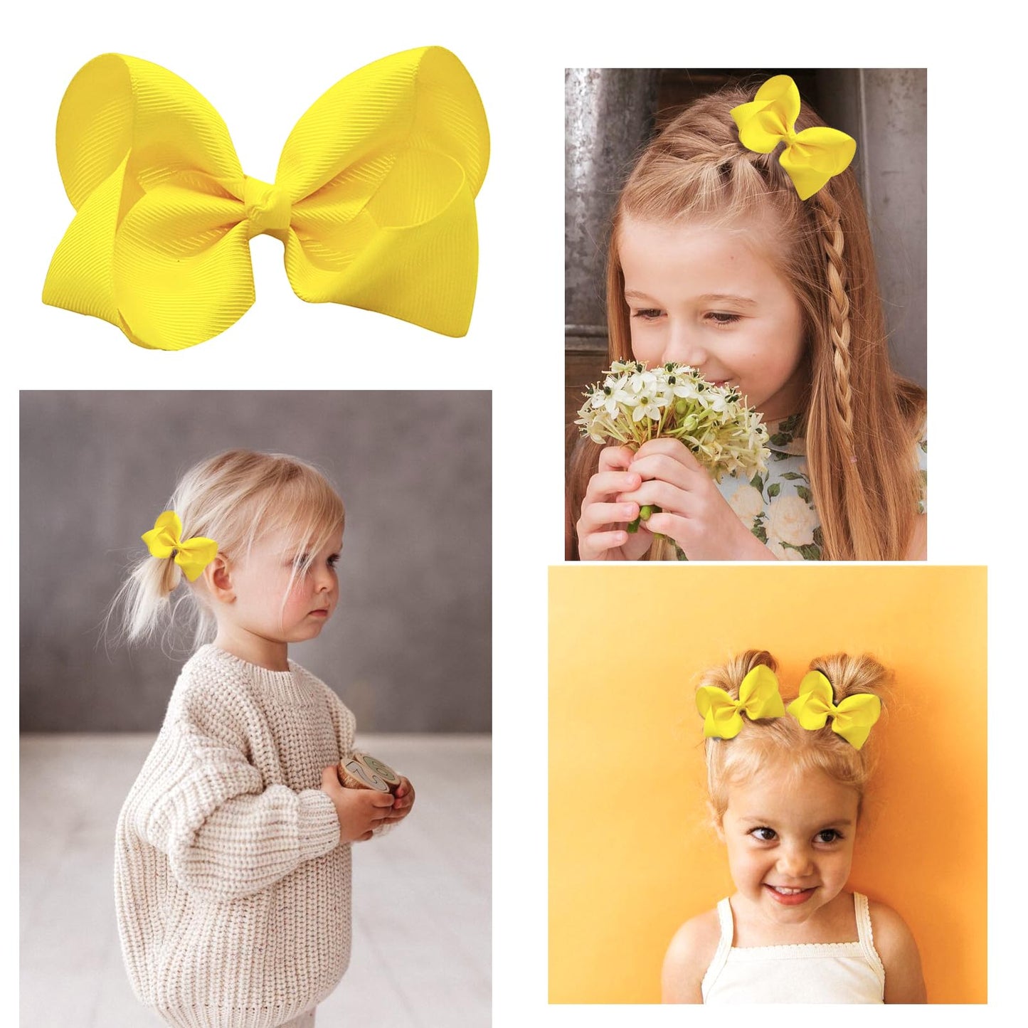 JUCCPUL 3' Hair Bows Clips for Girls & Toddlers - 6 PCS Alligator Clips Grosgrain Ribbon Solid Color Hair Accessories - Yellow