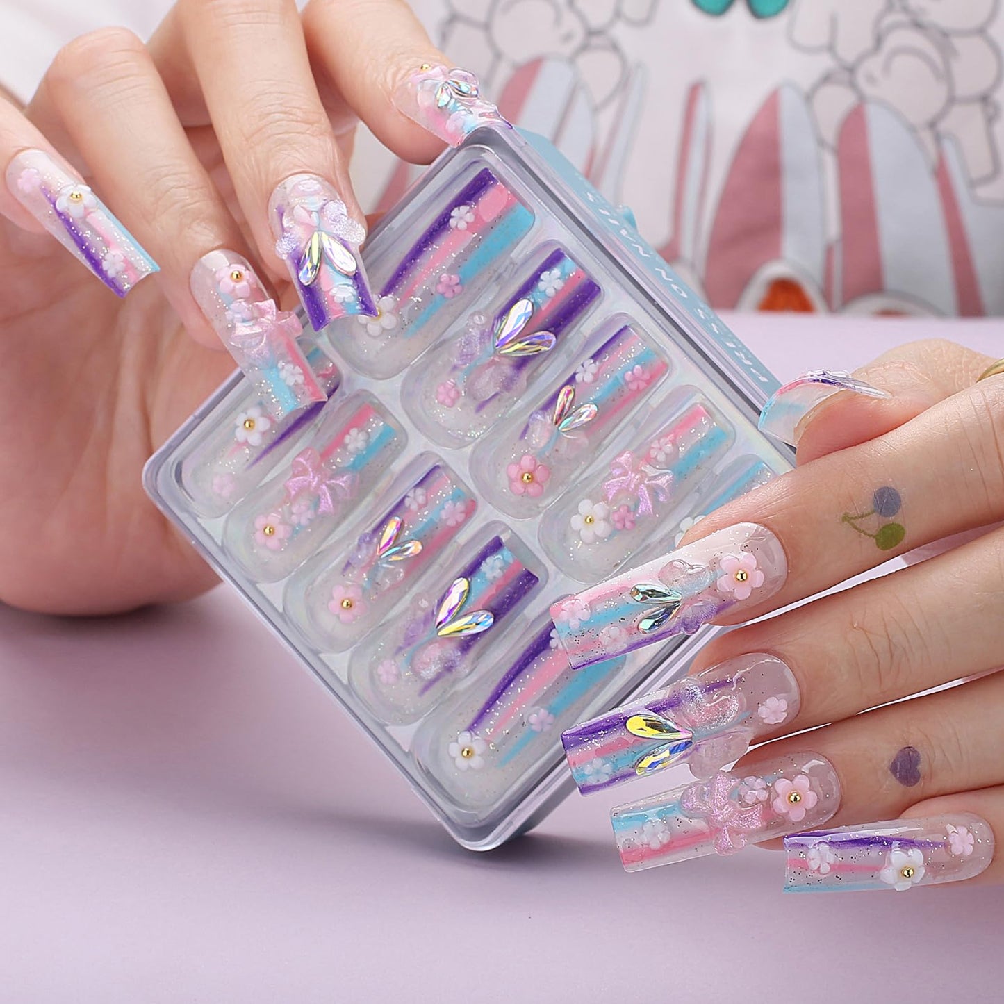 MqpQ Square Cute Press On Nails With Flowers Heart-shaped Butterfly Pretty Handmade False Nails Lovefull Rainbow Fake Nails Long for Women And Girls