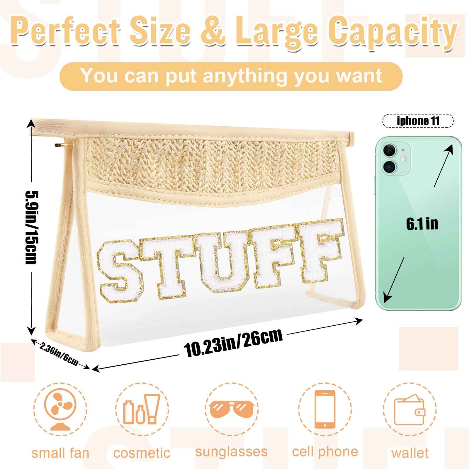 Boho Clear Makeup Letter Patch Makeup Bag STUFF Pouch, Clear Toiletry Bags Travel Small Cute Stadium Chenille Letter Cosmetic Zipper Pouch Purse, Waterproof Glitter Makeup Organizer for Women(STUFF)