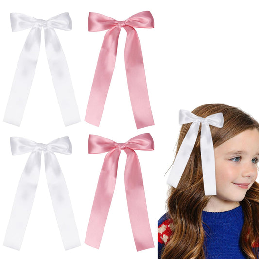 4 Pack Hair Bows for Girls, Hair Clips Hair Ribbons for Women, Satin Bow Hair Clips for Toddlers(White, Pink)