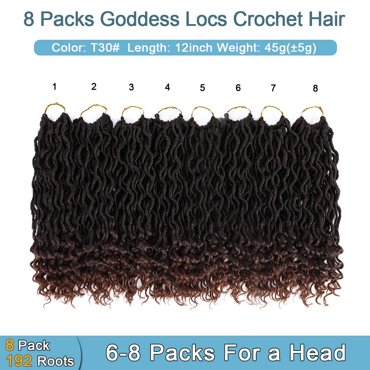 Goddess Locs Crochet Hair - 8 Packs 12 Inch Curly Faux Locs Crochet Hair for Black Women, Crochet Pre-Looped Curly Hair Faux Locs Synthetic Braiding Hair Extensions (20 Inch, 8 Packs, T27#)