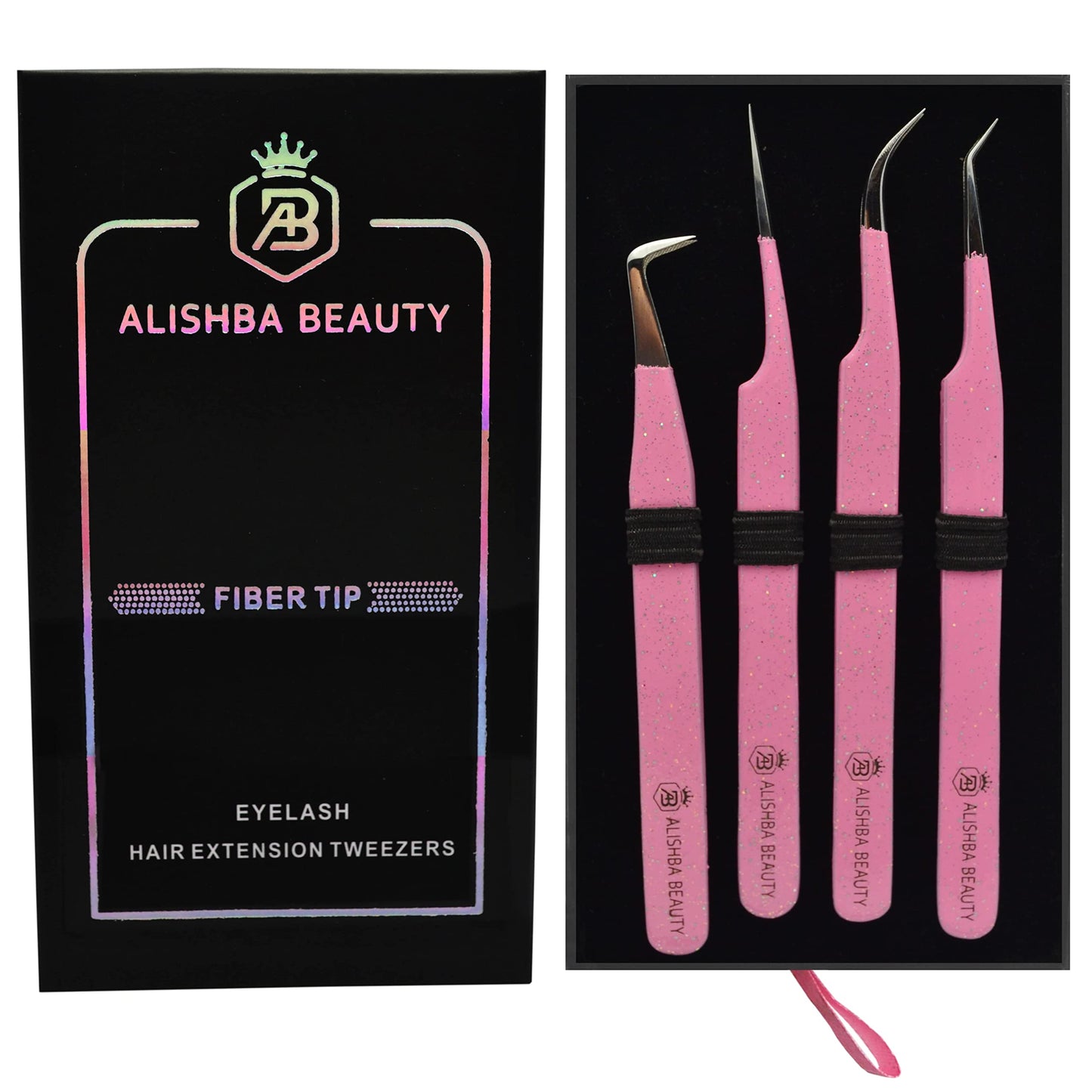 LUMESS Alishba Beauty Eyelash Extension Tweezers, Precision Fiber Tip Grip Japanese Stainless Steel (Set of 4 Eyelash Tweezer) (GLITTER PINK)