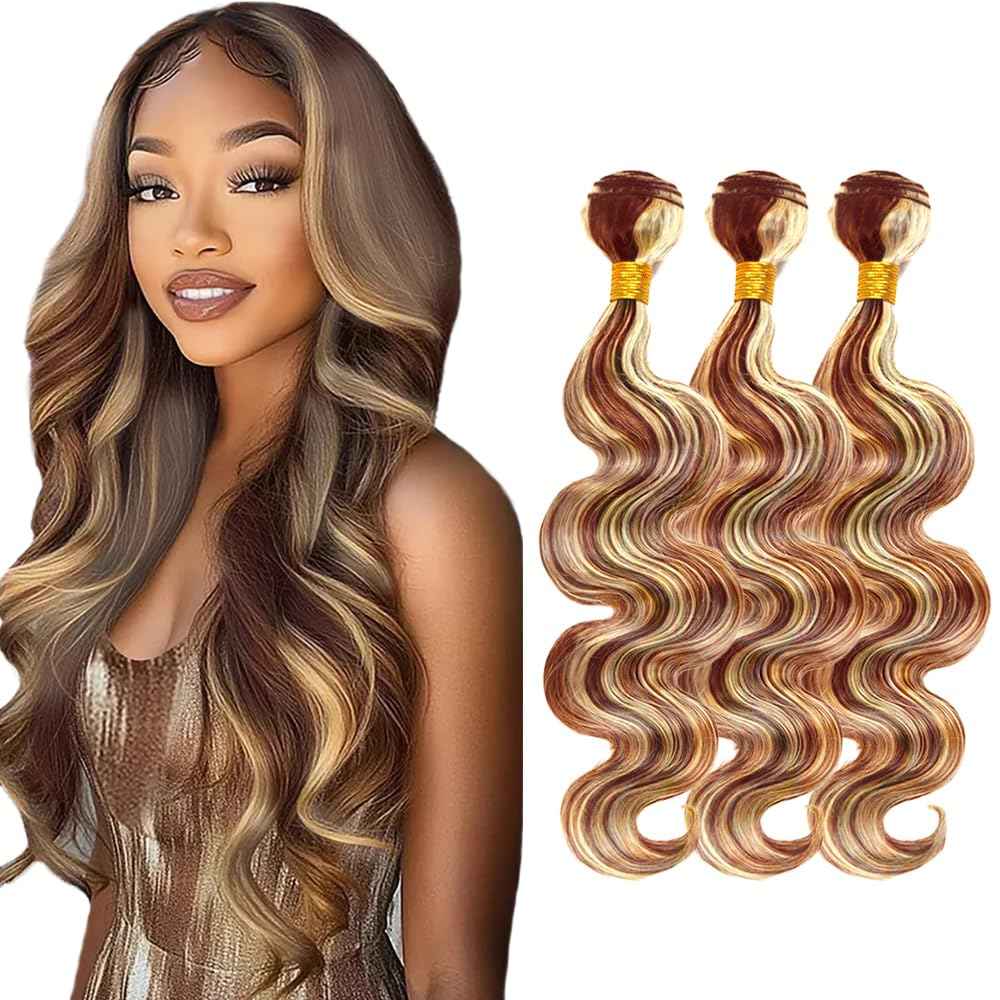P30613 Bundles Human Hair GveoXvo Highlight Body Wave Bundles 22 24 26 Inch Peruvian Virgin 2 Tone Brown Mixed With 613 Bundle Hair Extensions