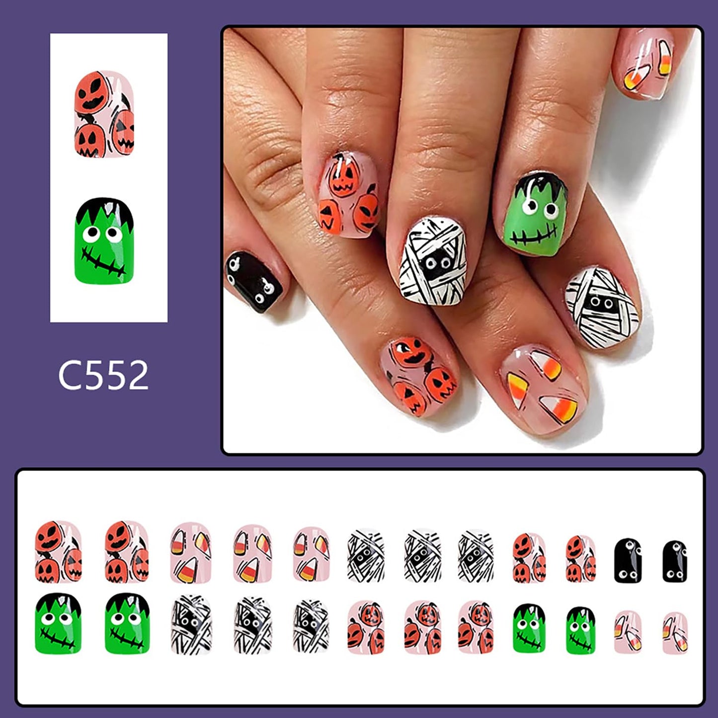 Halloween Press on Nails Short Square Petite Fake Nails Full Cover Little Monster False Nails with Pumpkin Mummy Designs Cute Acrylic Nails Glossy Glue on Nails Artificial Nails for Women Girls 24Pcs