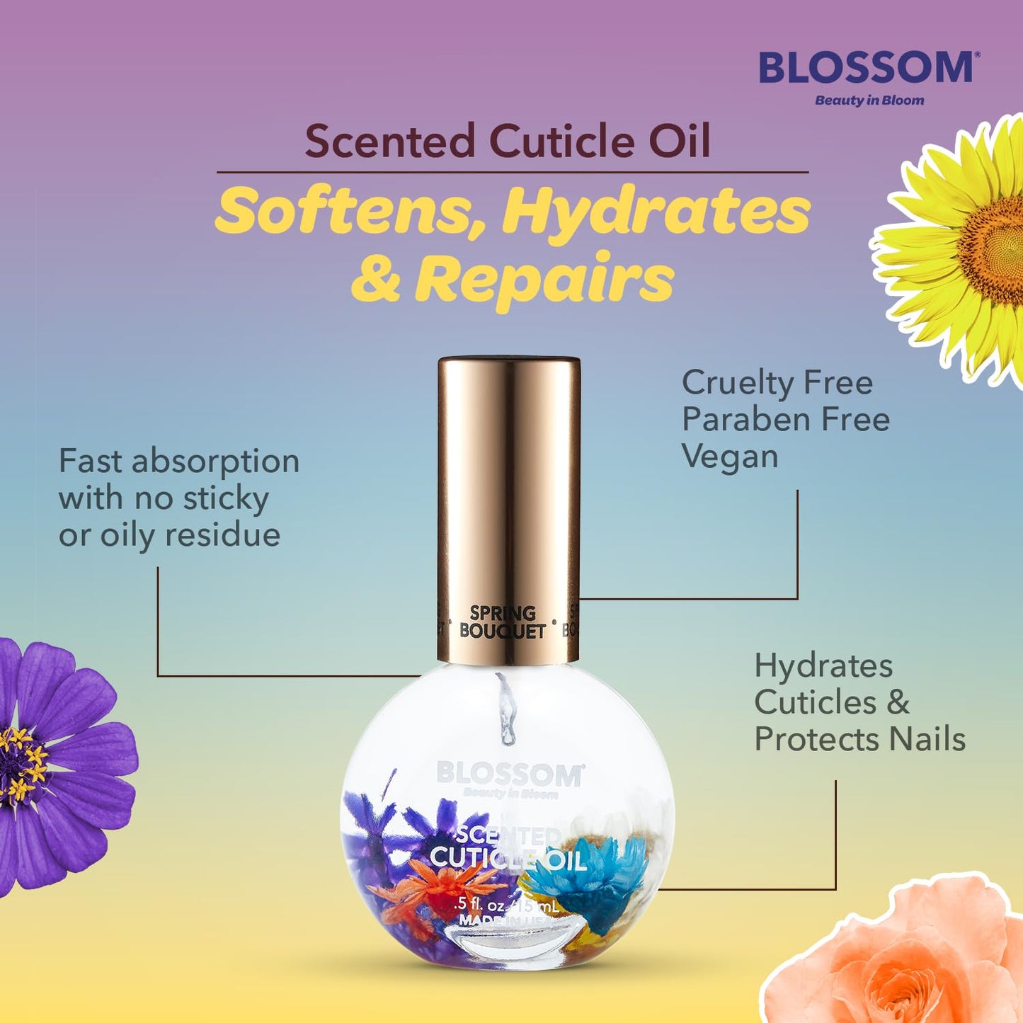 Blossom Hydrating, Moisturizing, Strengthening, Scented Cuticle Oil, Infused with Real Flowers, Made in USA, 0.5 fl. oz, Spring Bouquet