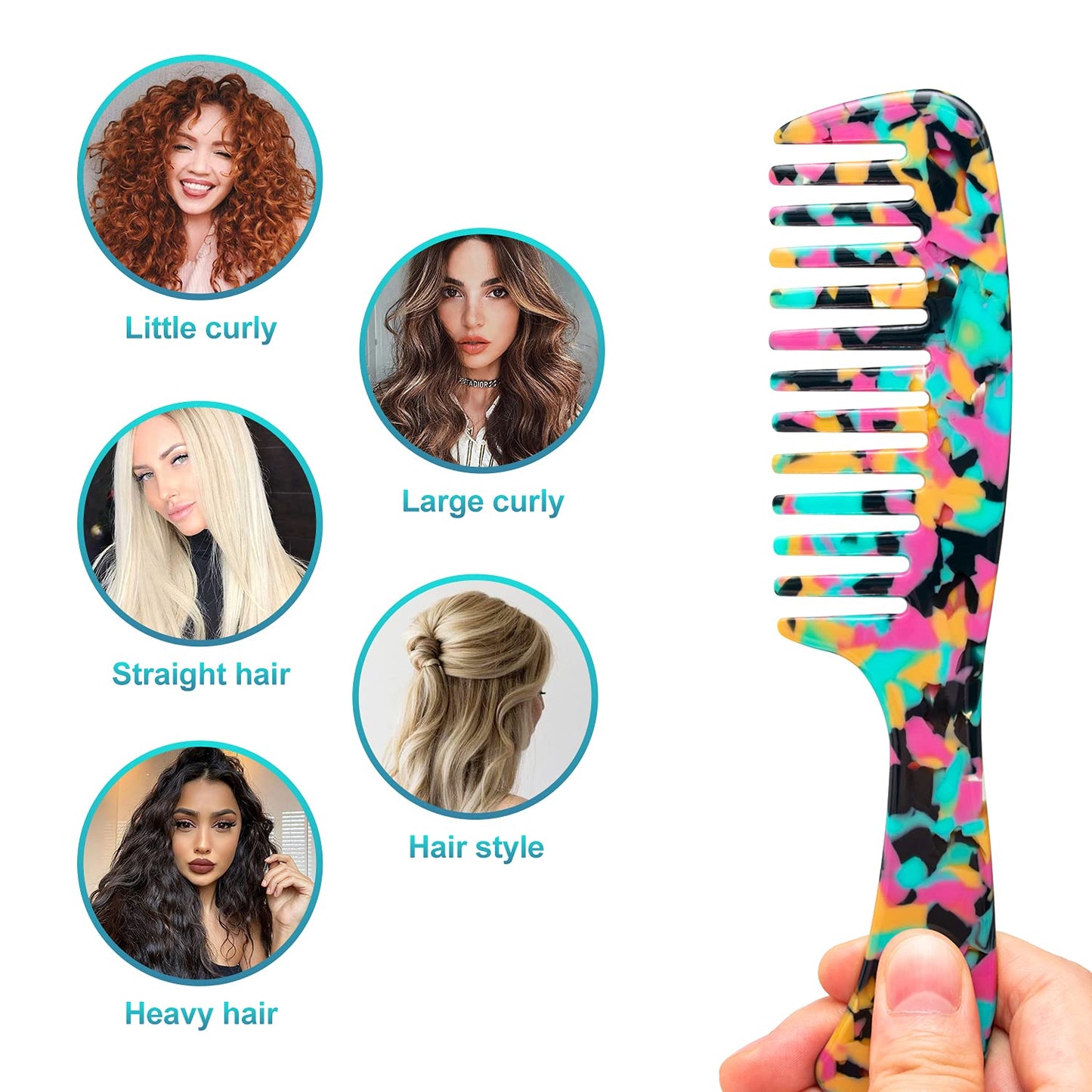 Large Wide Tooth Hair Comb, LADYAMZ [Tortoise Shell] Cellulose Acetate Round Tooth Comb for Straight/Curly Hair,Short/Long Hair Women Men or Kids, Easy Detangling Wet or Dry, Anti-static (Teal)