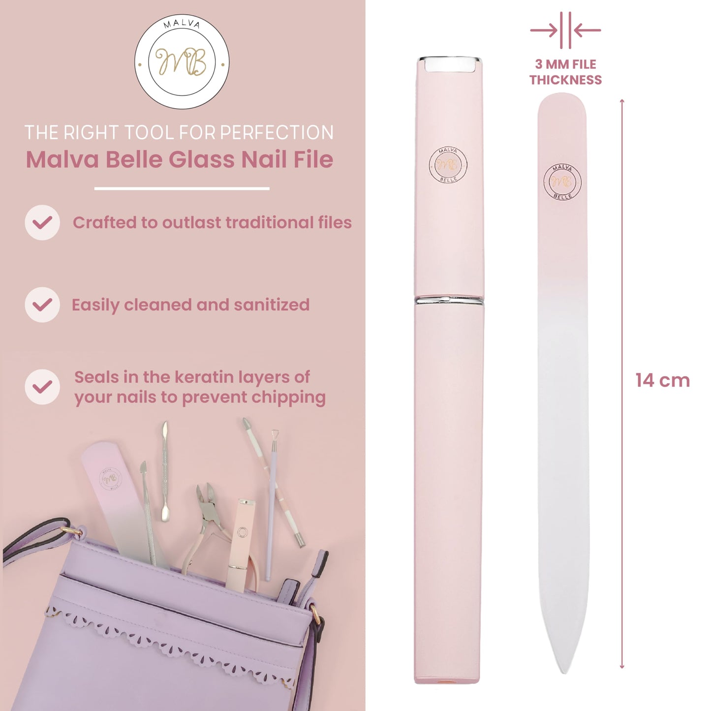 Malva Belle Best Crystal Glass Nail File for Women - Nail File & Travel Case - Nail File Set - Heavy Duty Nail File for Natural Nails, Gel - Professional Nail Shaper – Nail Essentials - Pink 3mm