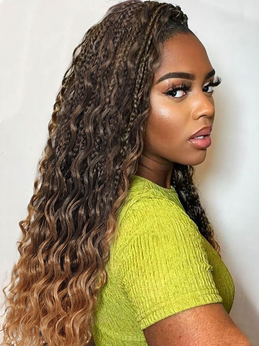 7 Packs Crochet Box Braids Curly Ends 14 Inch Goddess Box Braids Crochet Hair 3X Bohemian Hippie Crochet Braids for Woman Braiding Hair Extensions, 1B/30