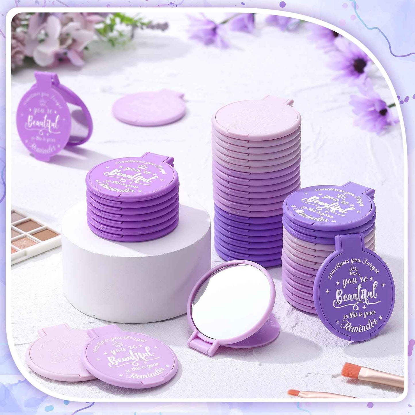 Gulfmew 100 Pcs 2.76 Inch Inspirational Compact Mirror Bulk Party Favors Quinceanera Gift Purse Small Mirror Pocket Mini Gifts for Women Adult Coworker Halloween Christmas Friends (Purple Series)
