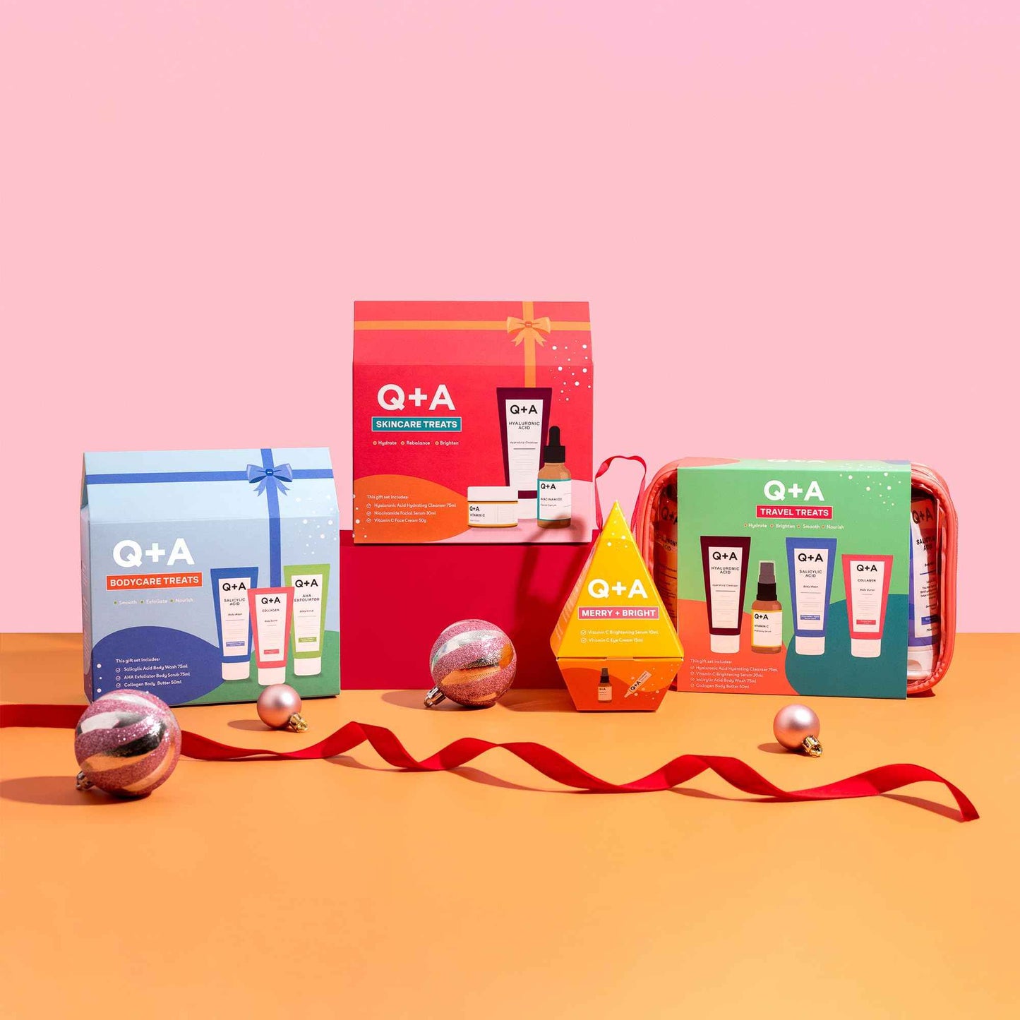 Q+A Bodycare Treats Gift Set, 3-Step Routine for Smooth, Soft Skin, Salicylic Acid Body Wash (75ml), AHA Body Scrub (75ml) & Collagen Body Butter (50ml), Stocking Stuffers and Travel Size Toiletries