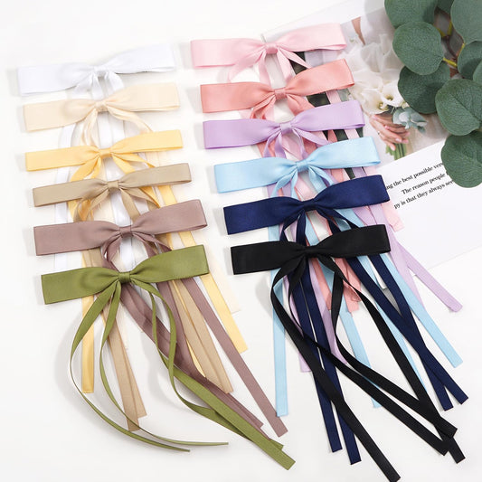 Eliongpu 12 Pcs Hair Clips for Women Tassel Ribbon Bowknot Hair Bows with Long Tail, Solid Hair Barrettes Claw Hair Clip for Women Girls Teens Kids