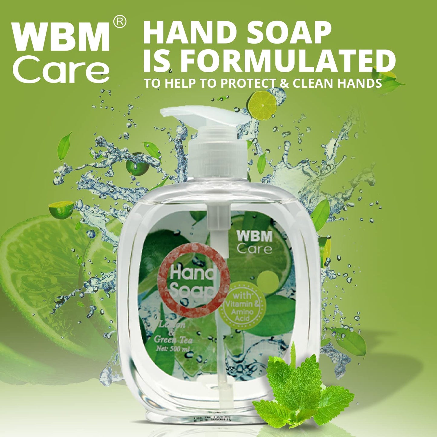 WBM Care Natural Liquid Hand Soap with Lemon & Green Tea,Cleanse and Moisturize Your Hands - 16.9 Ounce