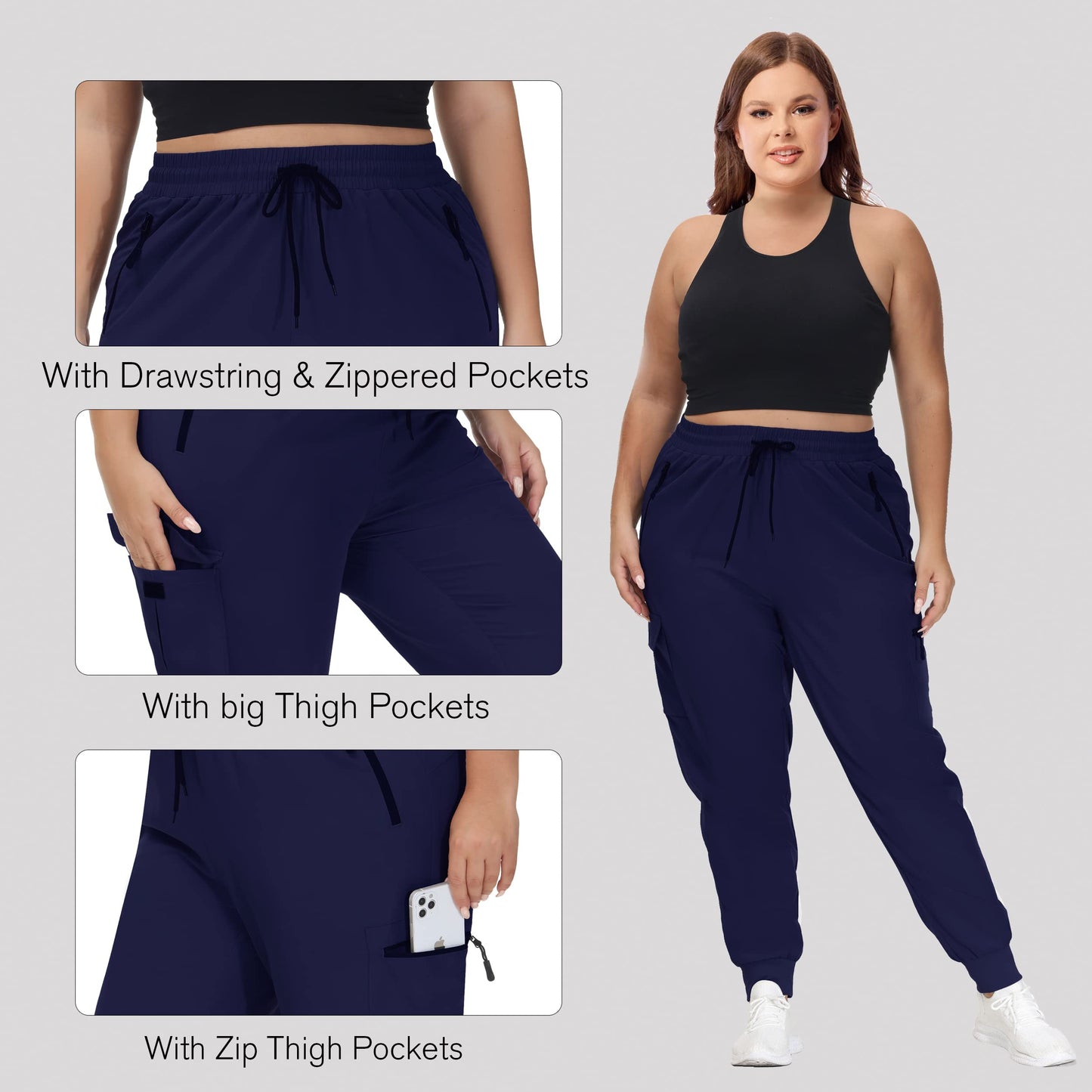 SEKINO Women's Plus Size Cargo Joggers Lightweight Quick Dry Hiking Pants Athletic Workout Outdoor Zipper Pockets Pants Navy 3X