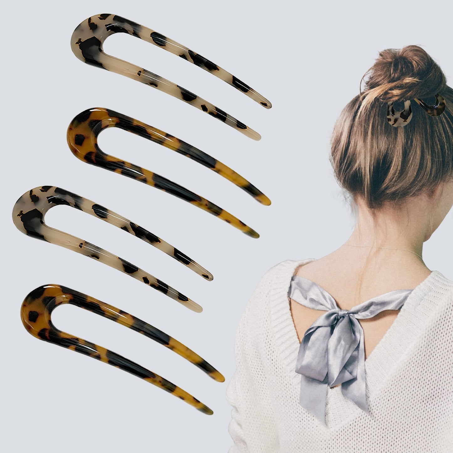 Borsun 4 Pack U Shaped Hair Pins for Buns, French Pin Hair Fork Sticks for Long Hair, 2 Prong Hair Stick for Women and Girls(Light&Dark Brown)