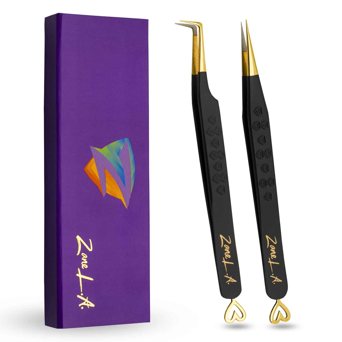 Zane L.A. Nano Fiber Tip Professional Eyelash Extension Tweezers, made with Japanese Stainless Steel, Unique Heart Design (Black)