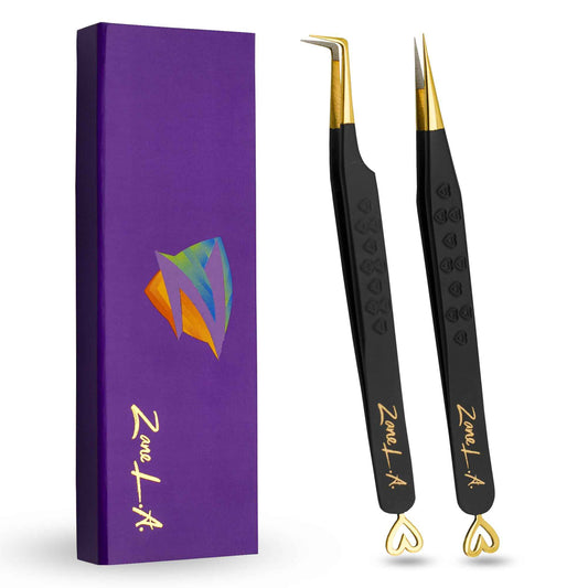 Zane L.A. Nano Fiber Tip Professional Eyelash Extension Tweezers, made with Japanese Stainless Steel, Unique Heart Design (Black)
