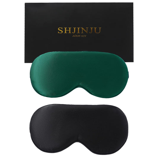 2-Pack 100% Real Natural Silk Eye Mask, Silk Sleeping Mask, Shade Puffy Eye Gift with Adjustable Straps, Sleep Eye Mask, SHJINJU Eye Mask Shade (Black and Dark Green)