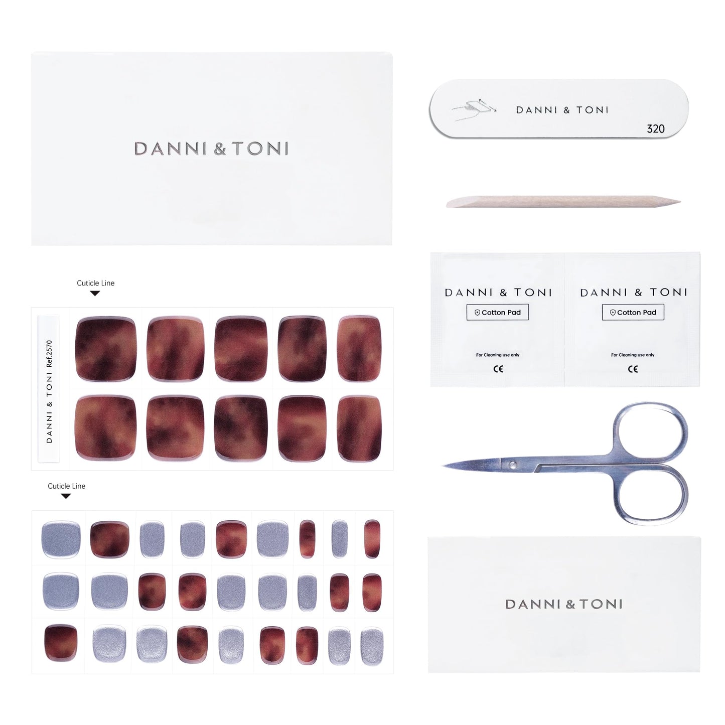 DANNI & TONI Semi Cured Gel Toenail Strips Amber (Sienna Glow) Silver Gel Toenail Stickers Ombre Gel Pedi Wraps 37 Stickers