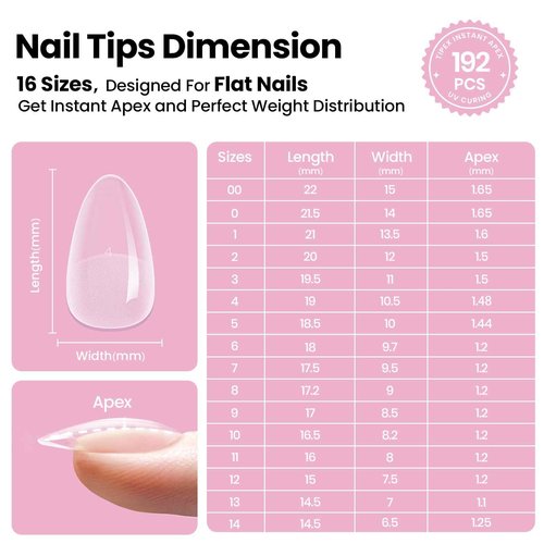 Beetles Tipex Lite Apex Nail Tips Kit, Almond Short, 192pcs 16 Sizes, with UV Nail Glue, Base & Top Coat, Mini Nail Lamp, Nail Clipper & Cuticle Nipper,Pre-Building Pre-Etched Acrylic Tips Kit