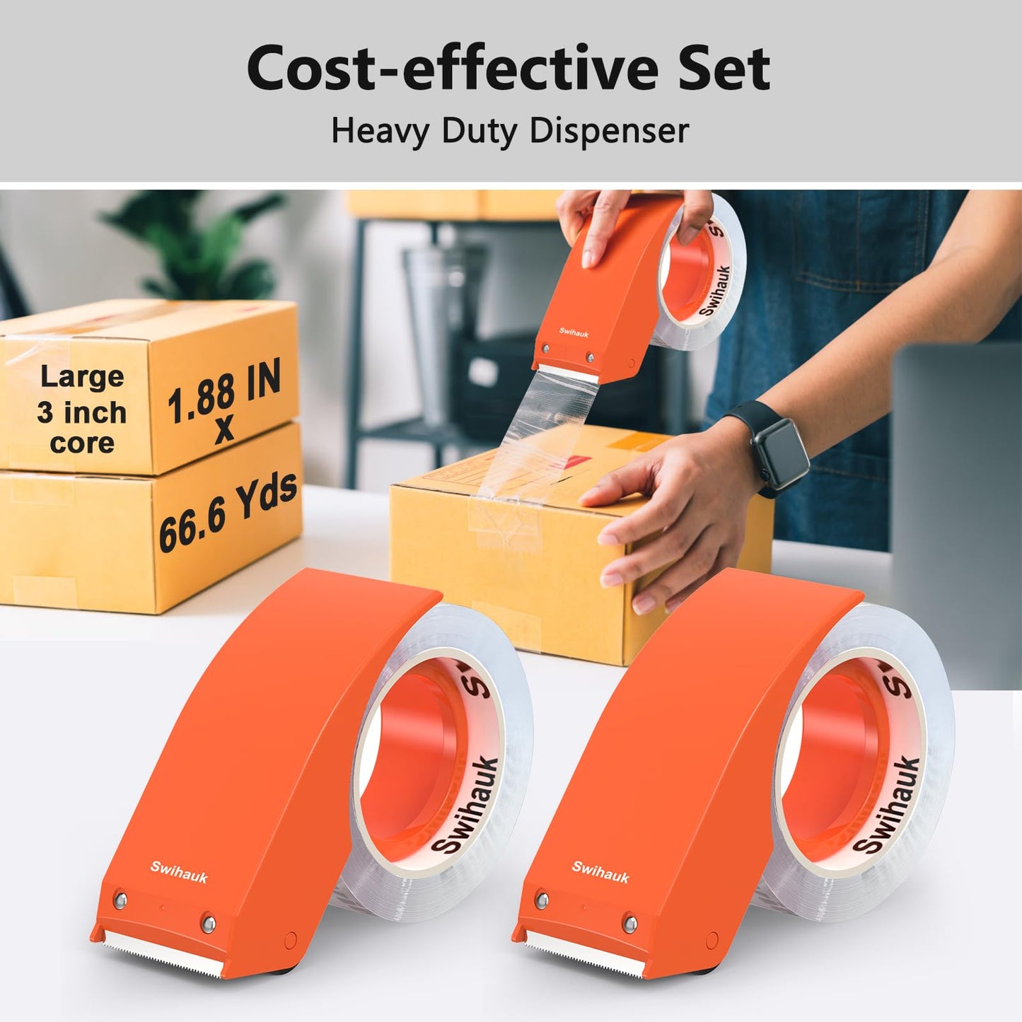 Swihauk 1.88 in x 66.6 YDs Heavy Duty Packing Tape with Dispenser, Strong & Durable Shipping Tape, Packaging Tape, Clear Package Tape for Shipping Moving Storage and Mailing, 2 Roll + 2 Dispenser