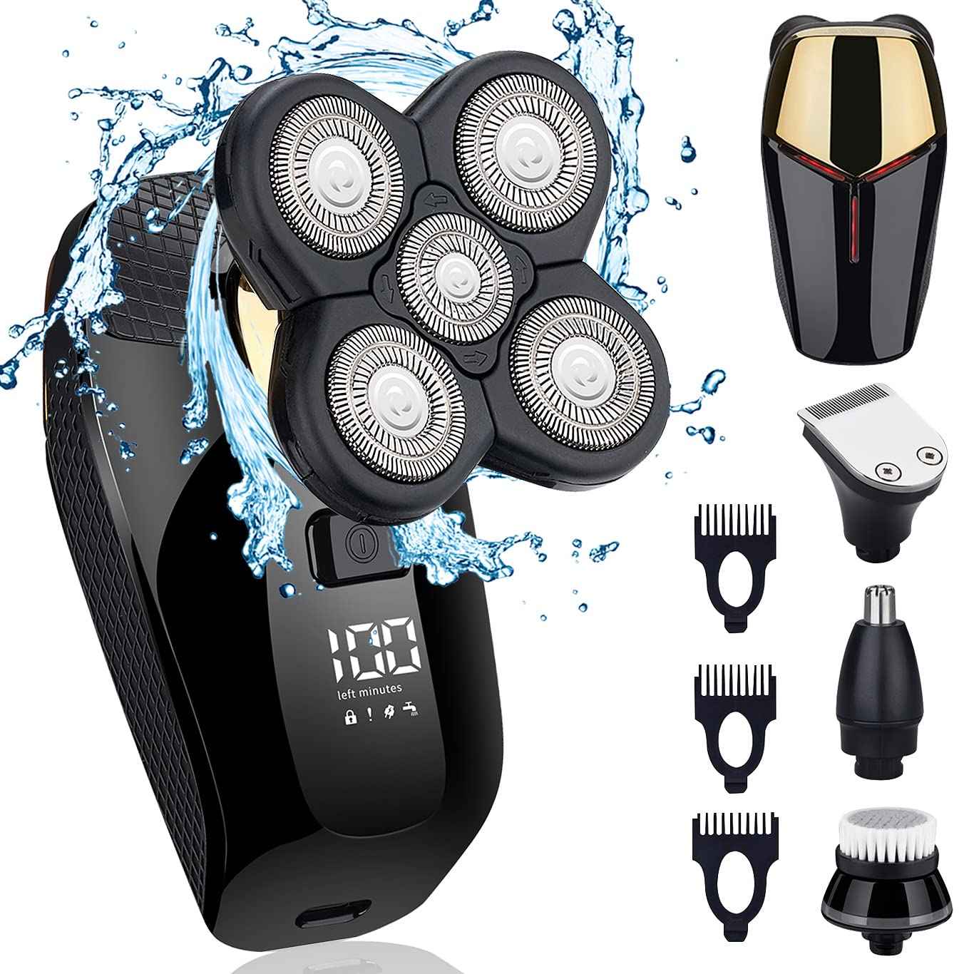 HONTEC 4 in 1 Electric Head Shaver Set - Bald Shaver, Wet & Dry, Cordless, with Nose & Ear Trimmer, Facial Cleansing, Rechargeable, IPX6 Waterproof