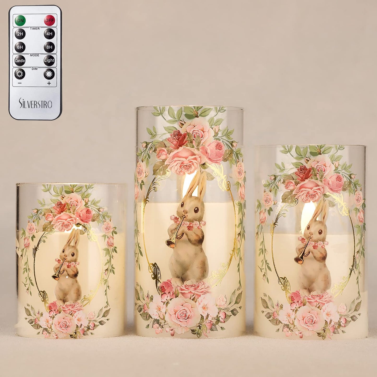 Silverstro Bunny Flameless Candles with Remote Flickering Glass Rabbit LED Candles for Home Wedding Party Easter Holiday Thanksgiving Decor - Pack of 3