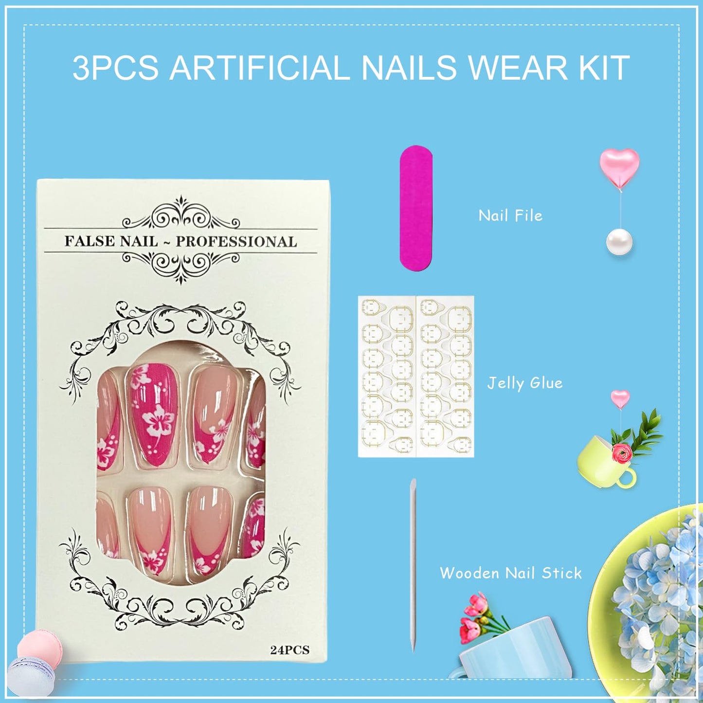 Tyuimhx Red French Tip Press on Nails Medium Almond Fake Nails with Flowers Designs Floral False Nails Full Cover Stick on Nails Acrylic Artificial Nails for Women Glue on Nails 24Pcs