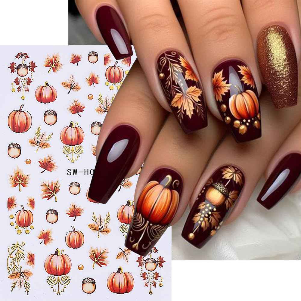 Pumpkin Nail Art Stickers Fall Maple Leaf Nail Decals 6PCS Maple Leaves Pumpkin Nails Design 3D Self-Adhesive Nail Art Supplies Fall Stickers for Nails Thanksgiving Day Women DIY Manicure Decorations