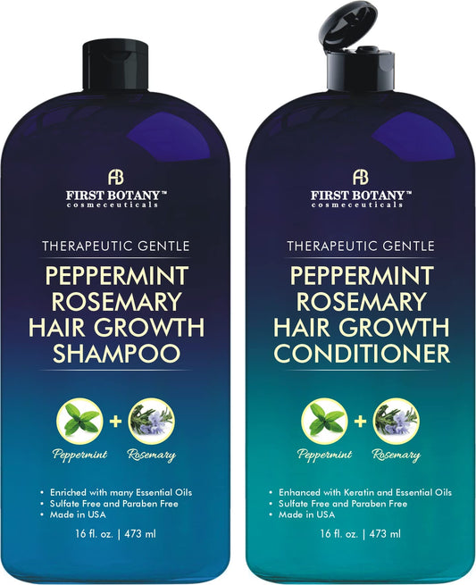 First Botany, Peppermint Rosemary Hair Regrowth and Anti Hair Loss Shampoo and Conditioner Set - Daily Hydrating, Detoxifying, Volumizing Shampoo and Fights Dandruff For Men and Women 16 fl oz x 2