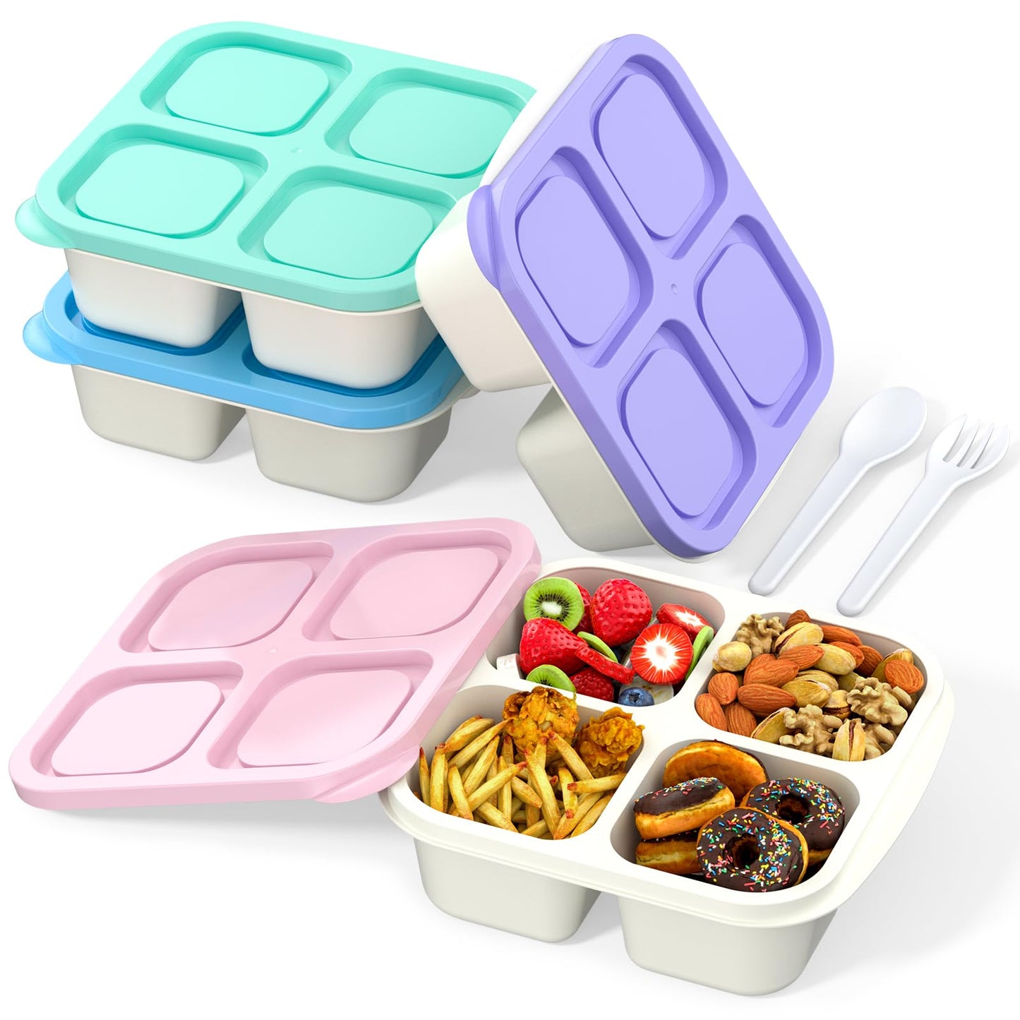 RGNEIN Bento Lunch Box for Kids (4 Pack) - 4-Compartment Salad Container for Lunch, Reusable BPA-Free Food Prep Containers, Snack Container for School, Work, and Travel (White Body)