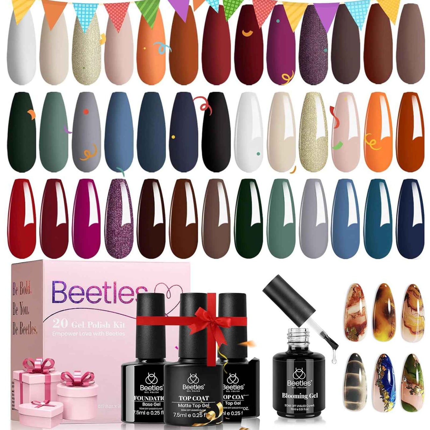 Beetles 20 Pcs Gel Nail Polish Kit-Fall Winter Red Gel Polish Set Gray Green Soak Off Uv Nail Lamp with Beetles Nail Blooming Gel 15ml Clear Uv Led Soak off Nail Gel Diy Nail Art Design Manicure