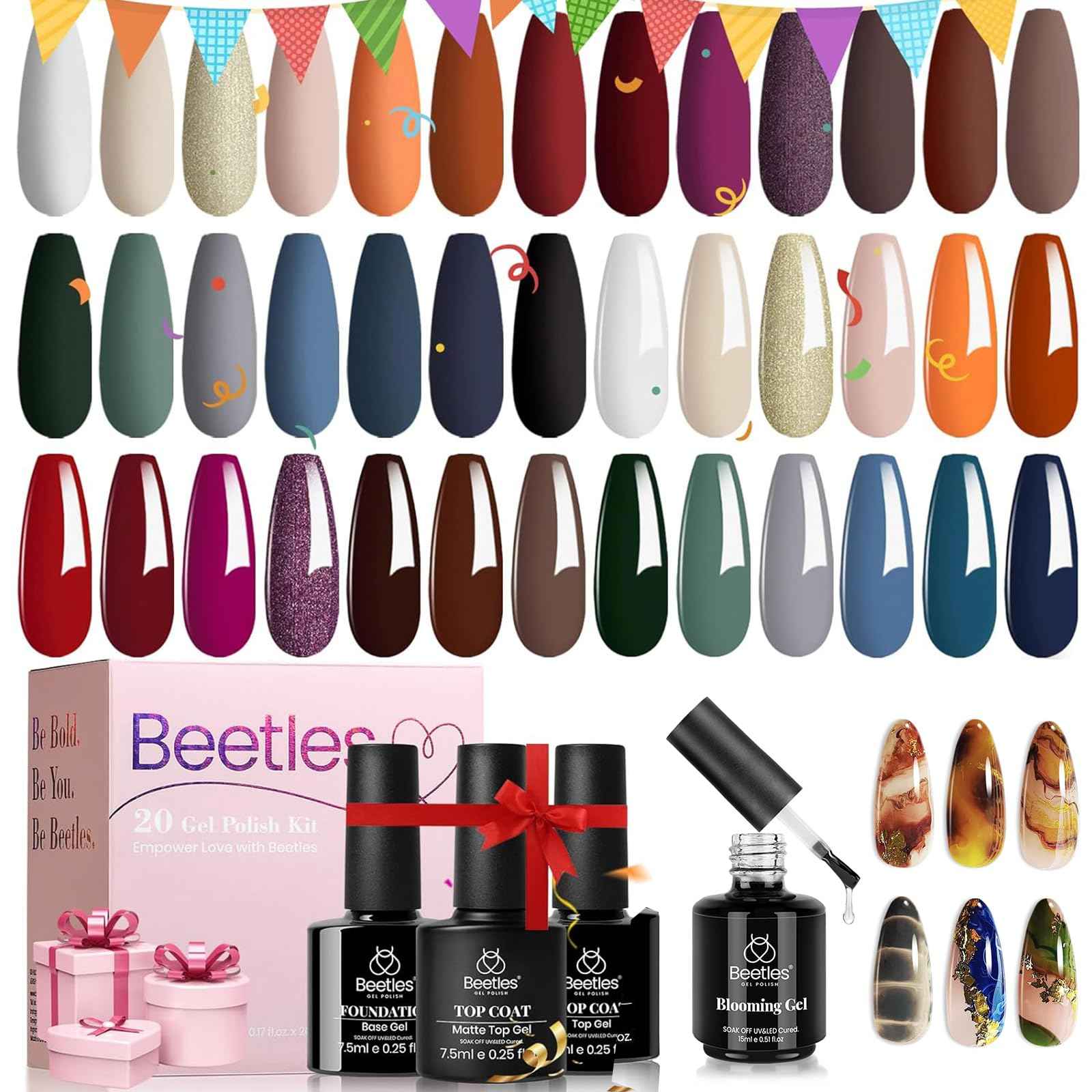 Beetles 20 Pcs Gel Nail Polish Kit-Fall Winter Red Gel Polish Set Gray Green Soak Off Uv Nail Lamp with Beetles Nail Blooming Gel 15ml Clear Uv Led Soak off Nail Gel Diy Nail Art Design Manicure