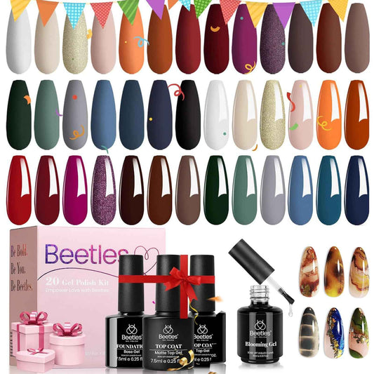 Beetles 20 Pcs Gel Nail Polish Kit-Fall Winter Red Gel Polish Set Gray Green Soak Off Uv Nail Lamp with Beetles Nail Blooming Gel 15ml Clear Uv Led Soak off Nail Gel Diy Nail Art Design Manicure