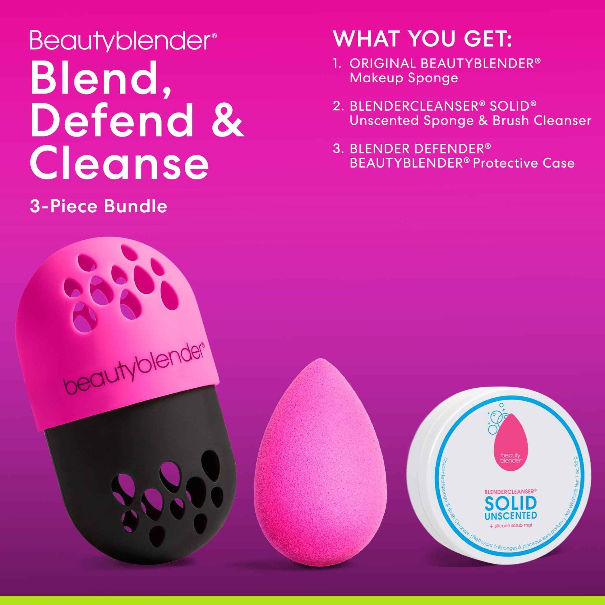 Beautyblender® | Original Pink Beauty Blender + Blender Defender Case + Solid Blendercleanser® Complete 3-Piece Bundle, Beauty Blender for Blending Foundations, Travel Case & Unscented Cleanser, 1oz