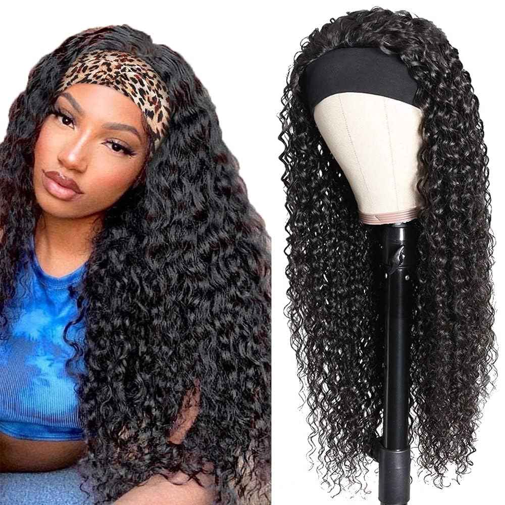 NICMISS Headband Wig Human Hair Deep Wave 16 Inch Curly Headband Wigs for Black Women Human Hair Glueless None Lace Front Wig Brazilian Virgin Hair Wear and Go Wigs 150% Density Natural Black Color
