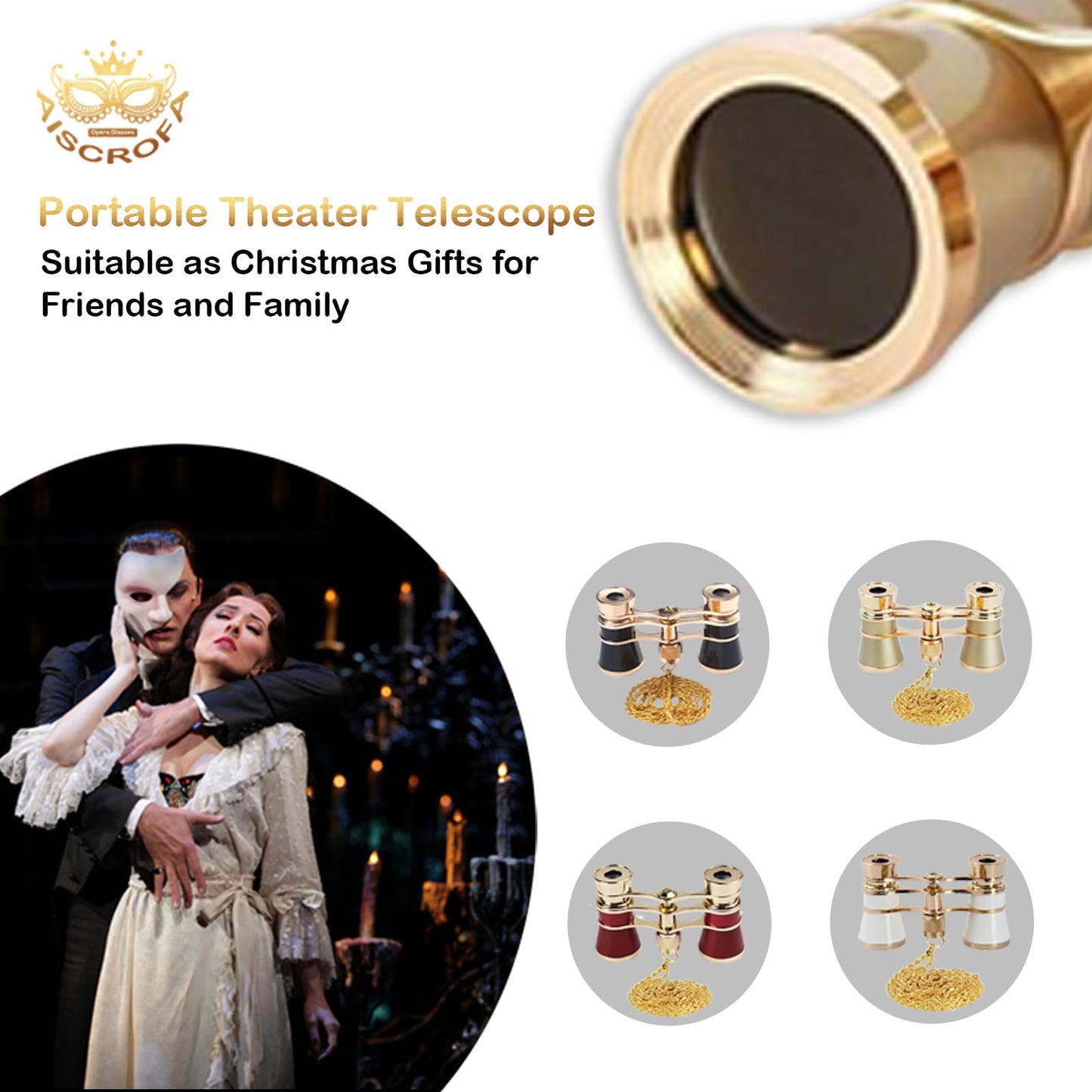 AiScrofa Opera Glasses Binoculars 3X25,Mini Binocular Compact Lightweight,with Chain for Adults Kids Women in Musical Concert (Gold with Chain)