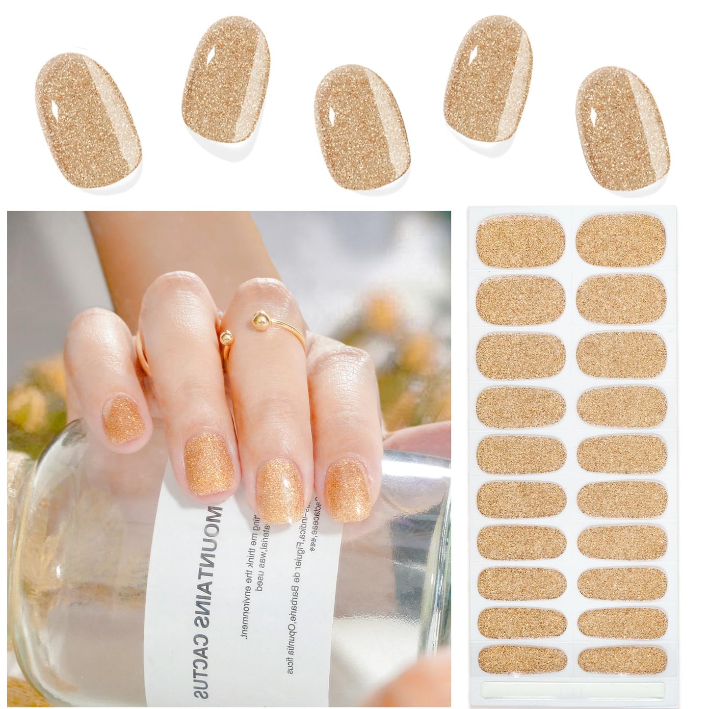 CANVALITE 20pcs Semi Cured Gel Nail Strips for Women,(Gold Glitter) UV Gel Nail Stickers Gel Nail Wraps for Home Nail DIY Salon-Quality Nail Wraps with 2 Prep Pad,Nail File,Scissor,Wooden Stick