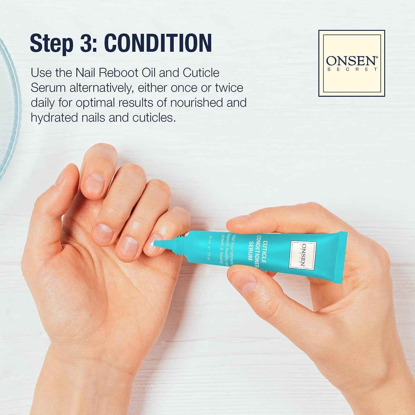 Onsen Secret Complete Nail Reboot Kit w/Cuticle Oil 10ml, Nail File 120/180 Grit Double Sided, A 3-Way Buffer Block & Cuticle Serum-15ml in Action | Super Value Pack