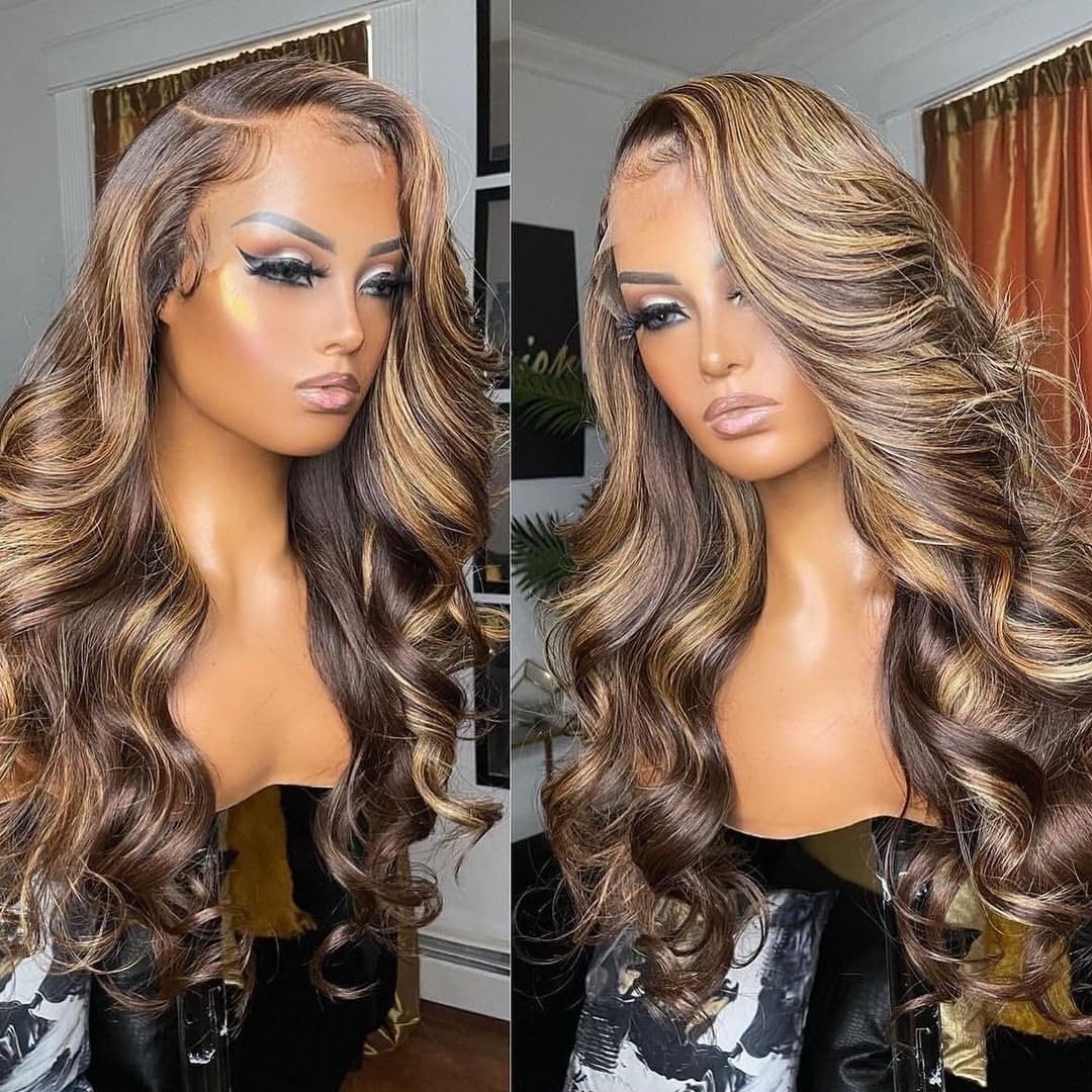 litmisr 13x4 Highlight Ombre Lace Front Wig Human Hair 180% Density 4/27 Honey Blonde Lace Frontal Wigs Pre Plucked with Baby Hair Ombre Body Wave Lace Front wig Human Hair for Black Women 22inch